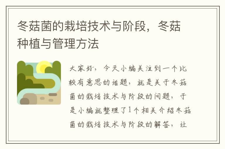 冬菇菌的栽培技术与阶段，冬菇种植与管理方法